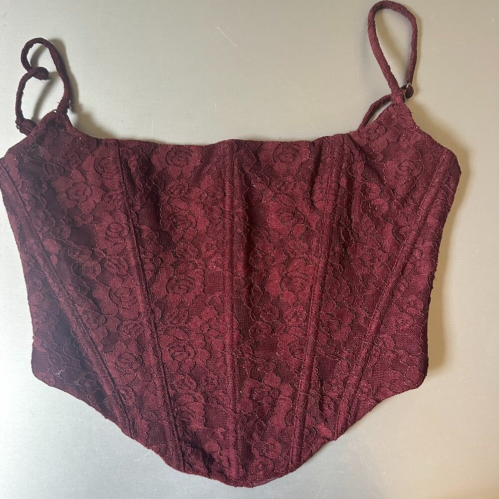white fox cropped corset top in burgundy